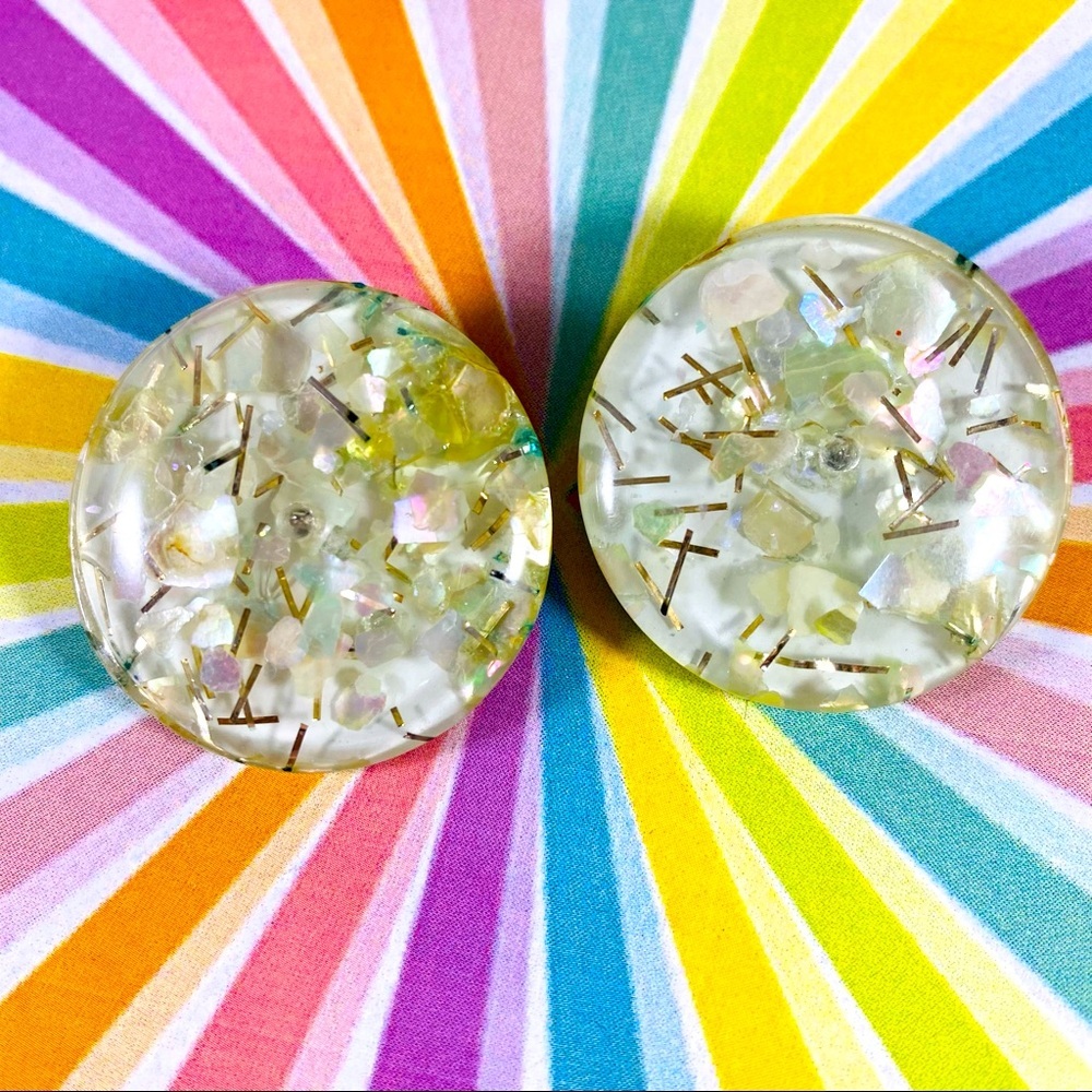Vintage large lucite confetti button clip on earrings iridescent